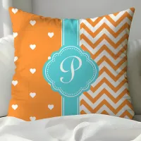 Orange and Turquoise Monogram Hearts and Chevron Throw Pillow