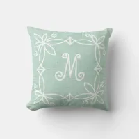 Rustic Cute Hand Drawn Wreath Monogram Teal Burlap Throw Pillow