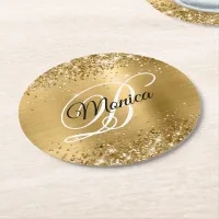 Glittery Gold Foil Fancy Monogram Round Paper Coaster