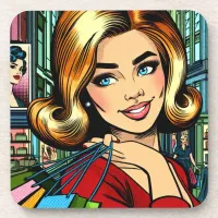 Retro Lady with Shopping Bags Sketchbook Beverage Coaster