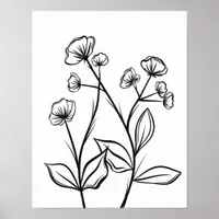 Blooming Flowers Line Art Black and White Poster