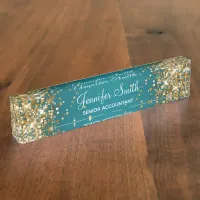 Gold Glitter Dark Turquoise Gradient Desk Name Plate