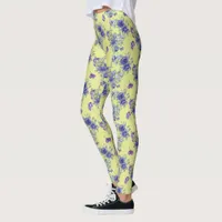 Pretty Blue Watercolor Flowers on Yellow Leggings