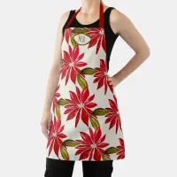 Classic Poinsettia Christmas Red Green Initials Apron