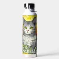 Personalized Whimsical Cat and Flowers Water Bottle