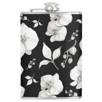 Watercolor White Orchid on Black | Flask