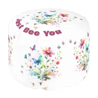 Simple Floral Watercolor Monogram Bee on white  Pouf