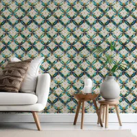 Geometric Mosaic Tile Pattern#5 Teal  White ID1078 Wallpaper