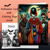 Clown, Zombie and Vampire Halloween Coloring Page Card