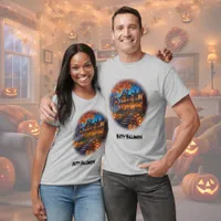 Spooky villa in the forest, pumpkins, Halloween T-Shirt