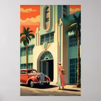 Miami Beach art deco hotel front airbrush art Poster