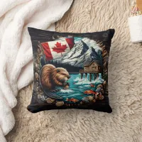 Snowy Mountain, Canadian Beaver, Ocean View Throw Pillow