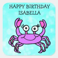 Personalized Happy Birthday Purple Crab Square Sticker