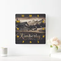 Kimberly Barn Surrounded by Horses and Mountains Square Wall Clock