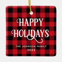 Happy Holidays Buffalo Plaid Family Photo Ceramic Ornament