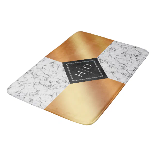 Elegant Marble & Copper Foil Monogram Bath Mat