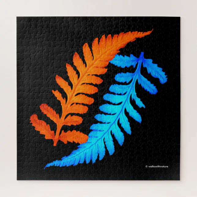 Electric Blue Fiery Orange Japanese Painted Ferns Jigsaw Puzzle