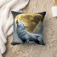 Majestic White Wolf Howls Under Full Moon Throw Pillow