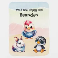 Wild One Happy Fun Woodland Animals Watercolor Baby Blanket