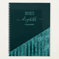 Teal Blue Modern Trendy Glam Glitter Personalized  Planner