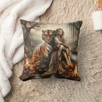 Native Woman With Tiger in Nature Throw Pillow