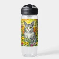 Personalized Whimsical Cat and Flowers Water Bottle