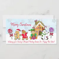 Whimsical Elf and Gingerbread House Christmas Card