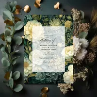 Dark Green, Cream and Gold Floral Wedding Invitation