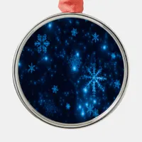 Deep Blue & Bright Snowflakes Prem Round Ornament