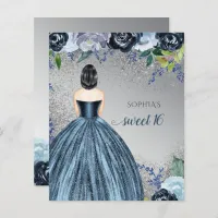 Budget Glitter Blue Dress Sweet 16 Invitation