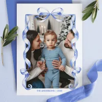 Blue Bow Ribbon Frame Christmas Family Photo  Holiday Card