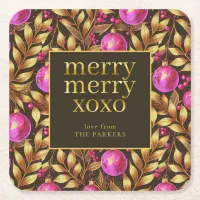 Magenta Gold Christmas Pattern#29 ID1009 Square Paper Coaster