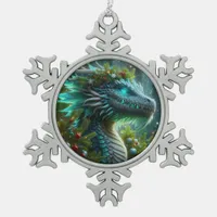 Magical Turquoise Christmas Dragon Snowflake Pewter Christmas Ornament