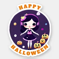 Cute Kawaii Girl with Pumpkins Halloween Sticker