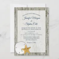 Sand Dollar and Starfish Rustic Driftwood Wedding Invitation