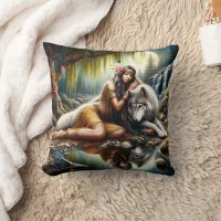 Native American Woman Embracing Wolf by Waterfall Throw Pillow