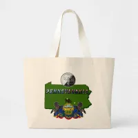 Pennsylvania Map, Quarter, Flag and Picture Text Large Tote Bag