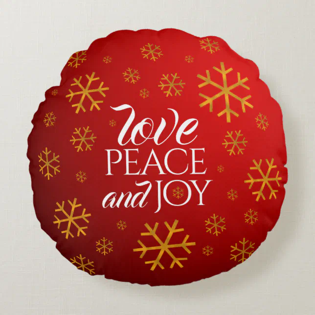 Festive Red Love, Peace, and Joy with Snowflakes Round Pillow