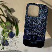 Elegant  Black Blue  Floral Monogram  iPhone 16 Pro Case