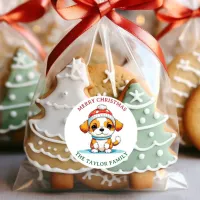 Kawaii Christmas Puppy Dog Family Name Classic Round Sticker