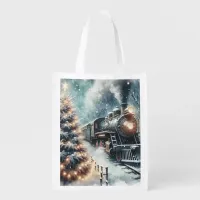 Old-Fashioned Train and Vintage Winter Scene Grocery Bag