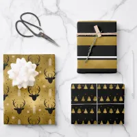 Christmas Deer Antler, Stripes, Trees Gold ID864  Wrapping Paper Sheets