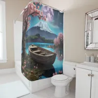 Japanese Boat scene on a beautiful lake bathroom Shower Curtain