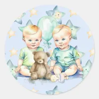 Watercolor Twin Boys Baby Shower Classic Round Sticker