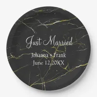 Black and Gold Marble Just Married Paper Plates