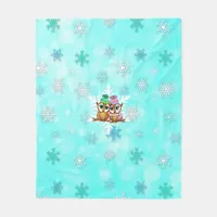 Cute Watercolor Owls and Snowflakes Teal Christmas Fleece Blanket