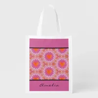 Orange and Pink Mandala with Hearts and Name  Grocery Bag