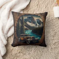 Vintage Car by Mountain Stream in Rustic Setting Throw Pillow