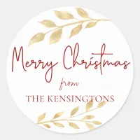 Elegant Christmas Gold Leaves Typography Classic Round Sticker