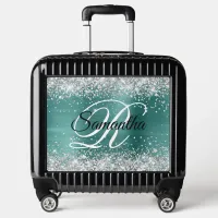 Silver Glitter Aqua Teal Foil Fancy Monogram Luggage